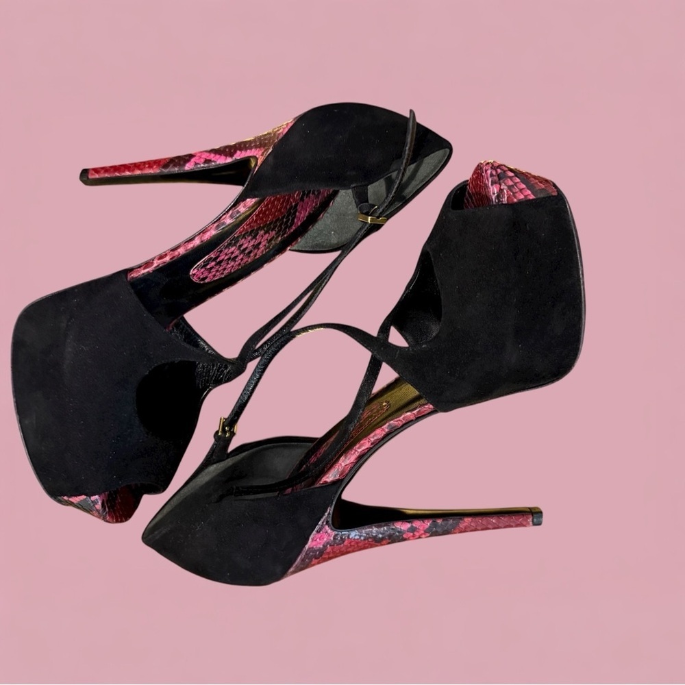 Gucci Black Suede and Pink Snakeskin peep toe heels EUC